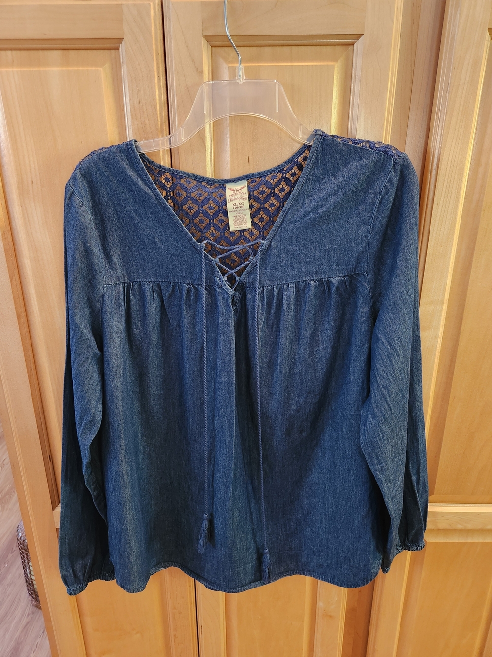 Faded Glory Denim-Look Lace-Up Peasant Top - Blue